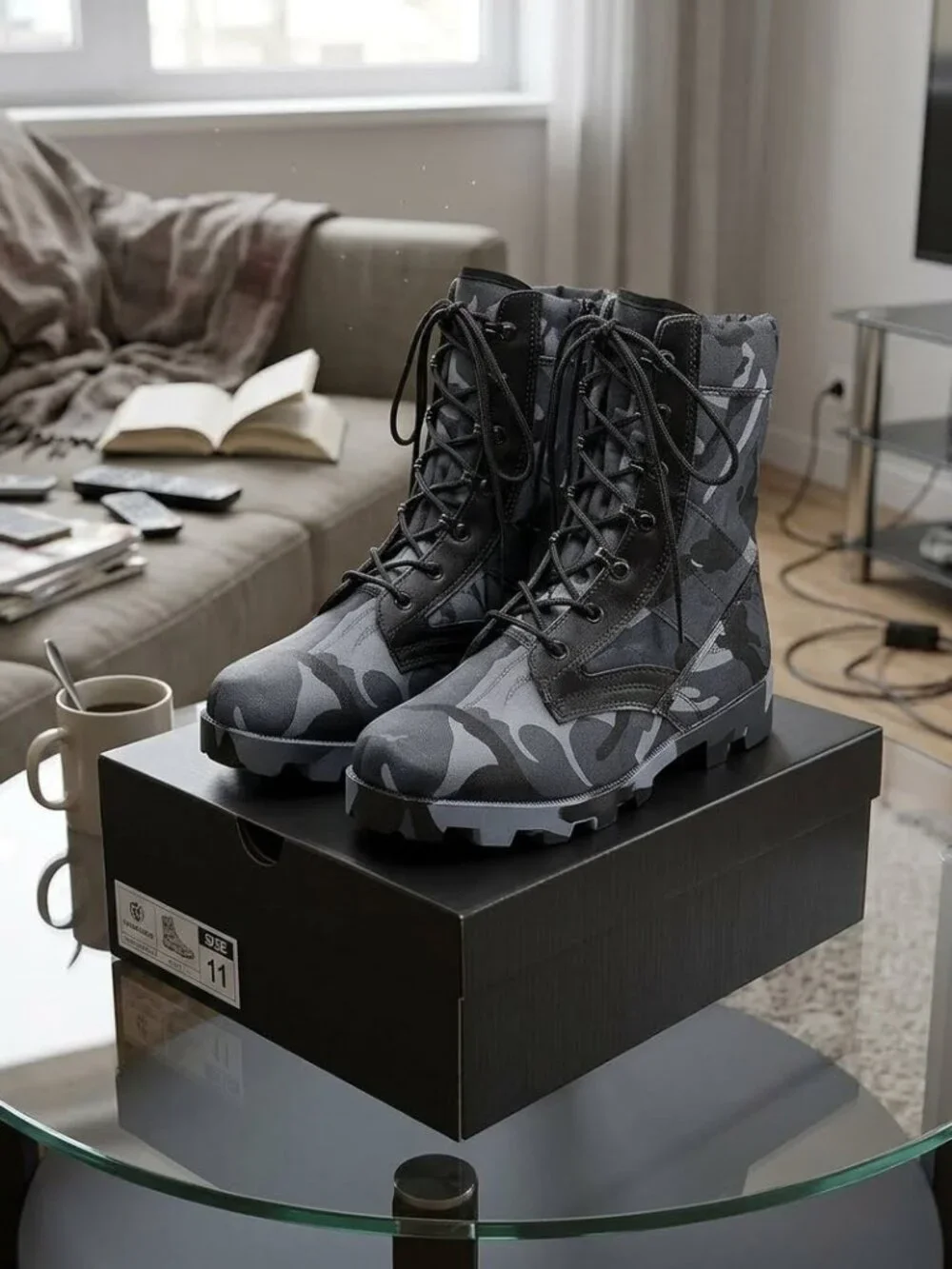 Military Tactical Boots for Work, Blue Camo Lace-Up for Men